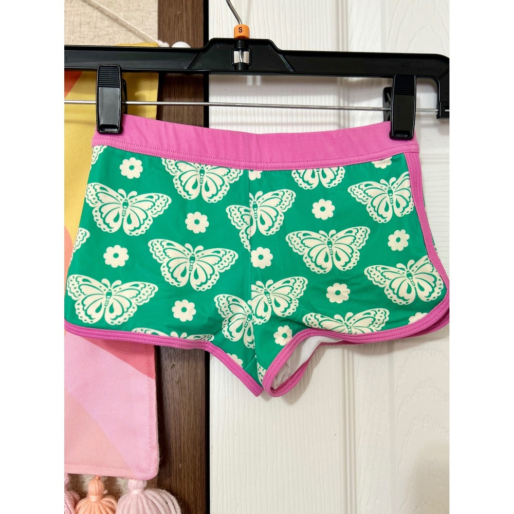 Mini Boden Girls Green Butterfly Print Swim Shorts Pink Trim Size 5-6Y 116cm